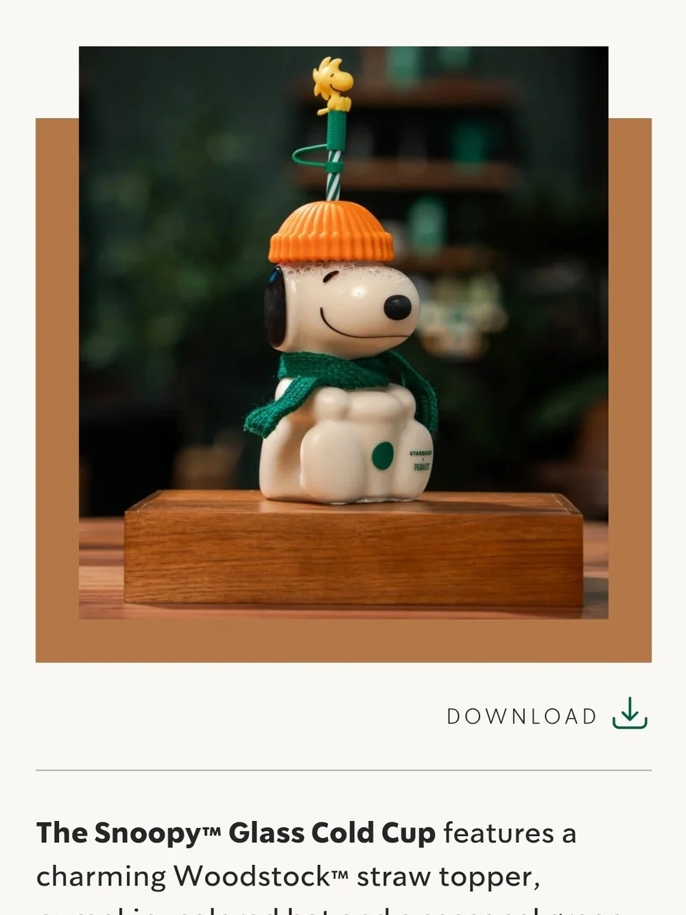 Starbucks Orange-Top Snoopy Glass Cold Cup with Green Scarf
